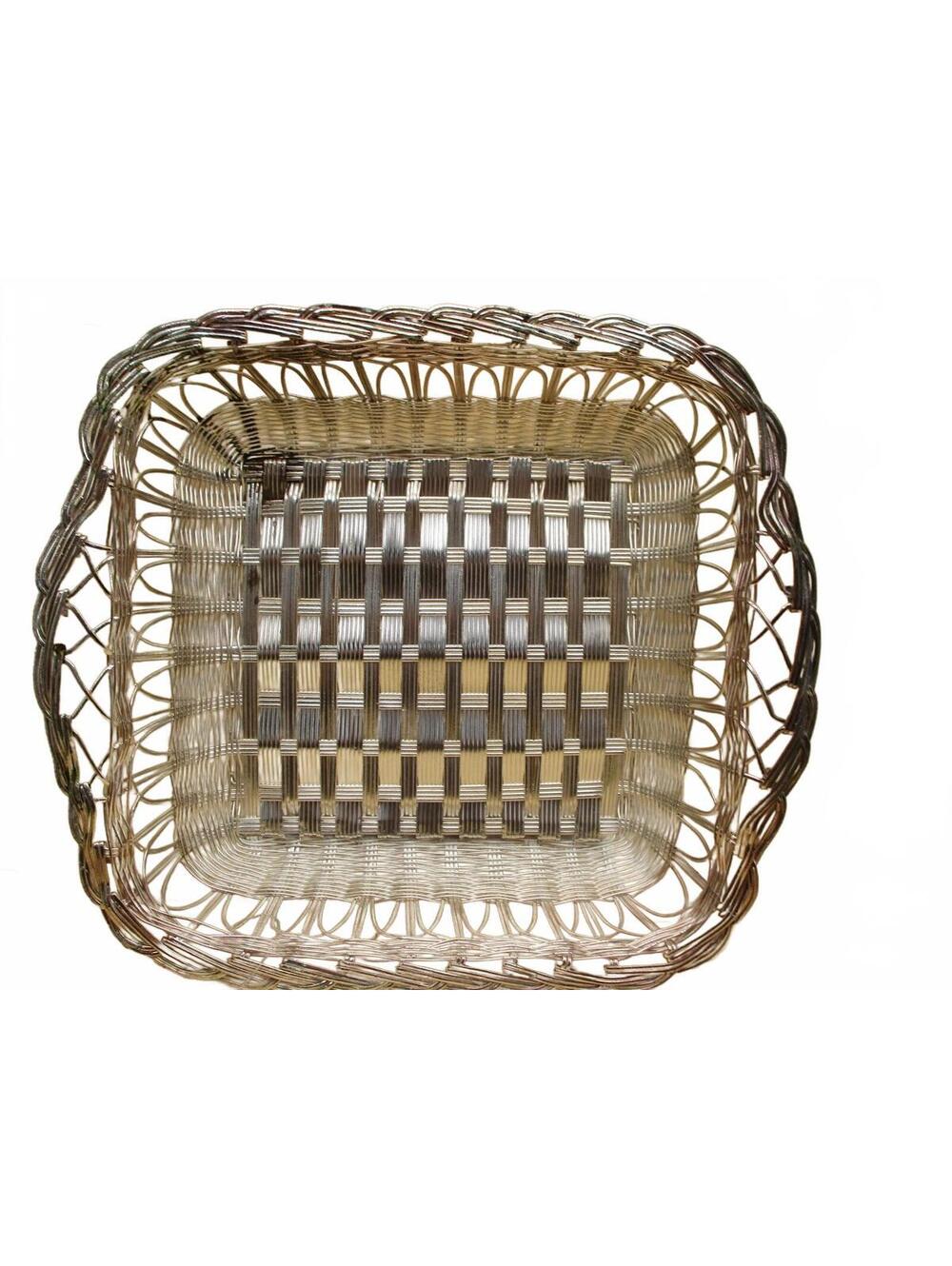 Vintage Silver Woven Wire Square Storage Basket Footed Hollywood Regency Tray